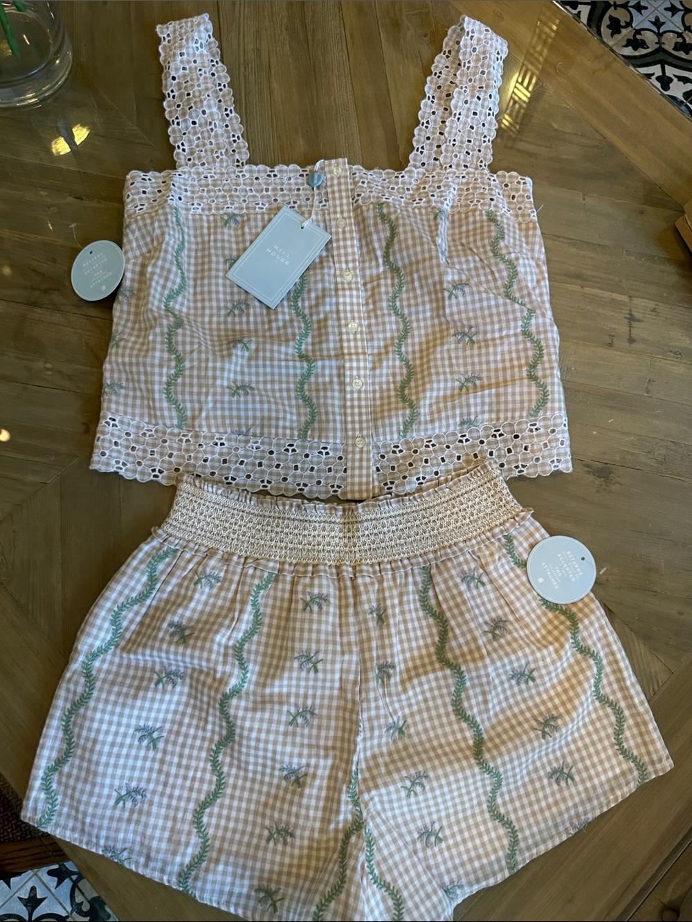 Hill House Home Tan / White Gingham Eyelet Two-Piece Cami & Short Set Sz M